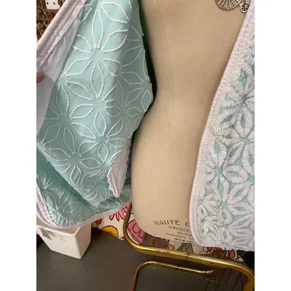 1980s chenille jacket aqua and white daisy m/l fuzzy boxy blanket 36 to bust 80s - Picture 3 of 10
